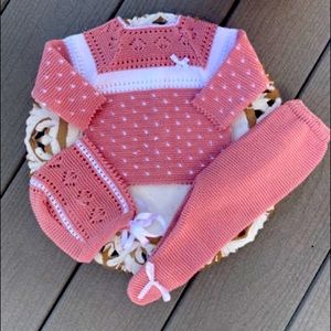 Chest Stripe Knitted Set In Old Pink and White